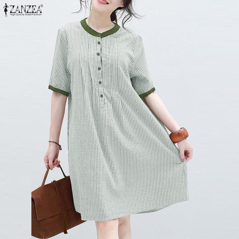 ZANZEA Women Casual Round Neck Summer Half Sleeve Stripe Dress