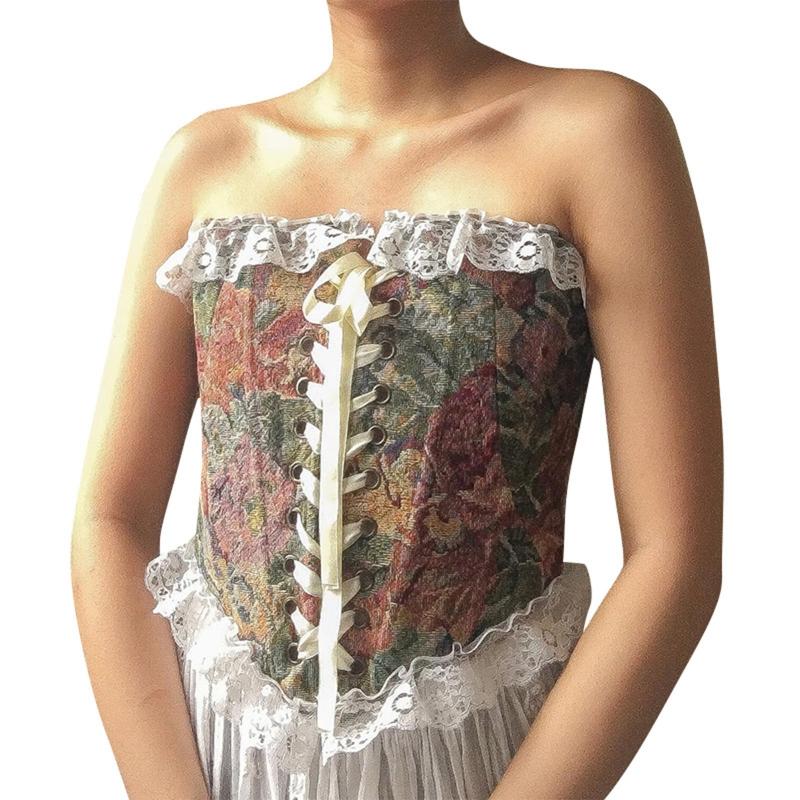 Vintage Floral Corset Vest Push Up Crop Tops Bustier Corset Top Lace Up Corset Top Strapless Bodice Corset Top