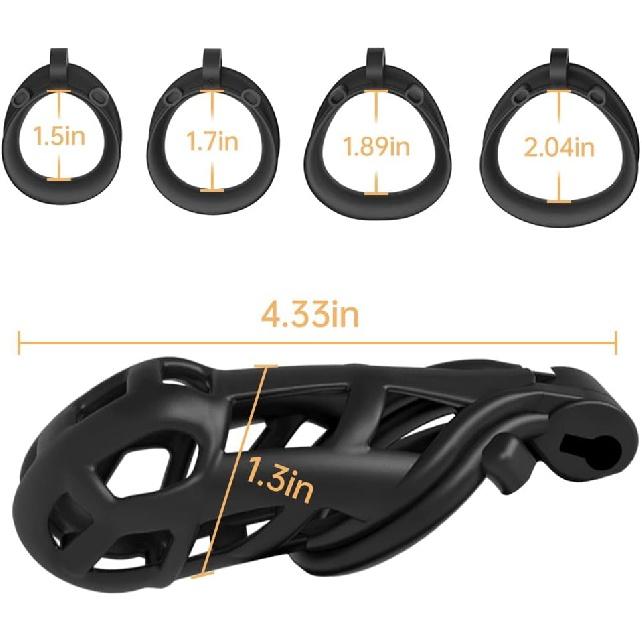 Male Cock Cage Chastity Device Tease Resin Chastity Locked Cage with 4 Different Size Rings for Male Penis Exercise Sex Factory (Black)