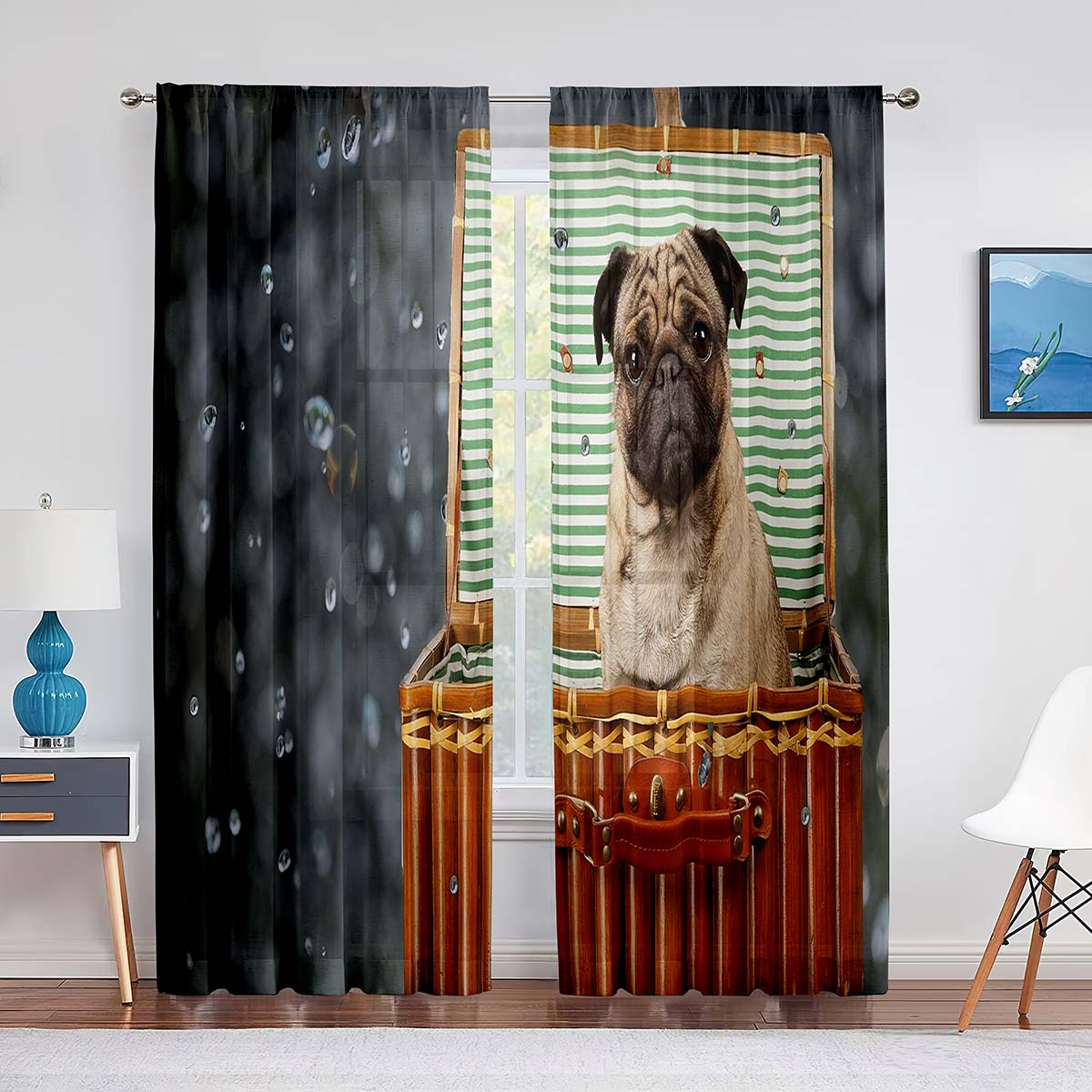 

Тюлевые шторы с милым щенком, мопсом, собакой-близнецом для гостиной, спальни, дома, кухни, оконные животные, прозрачные вуали, шифоновые шторы 1 PCS W100XH250cm&Grommet Top