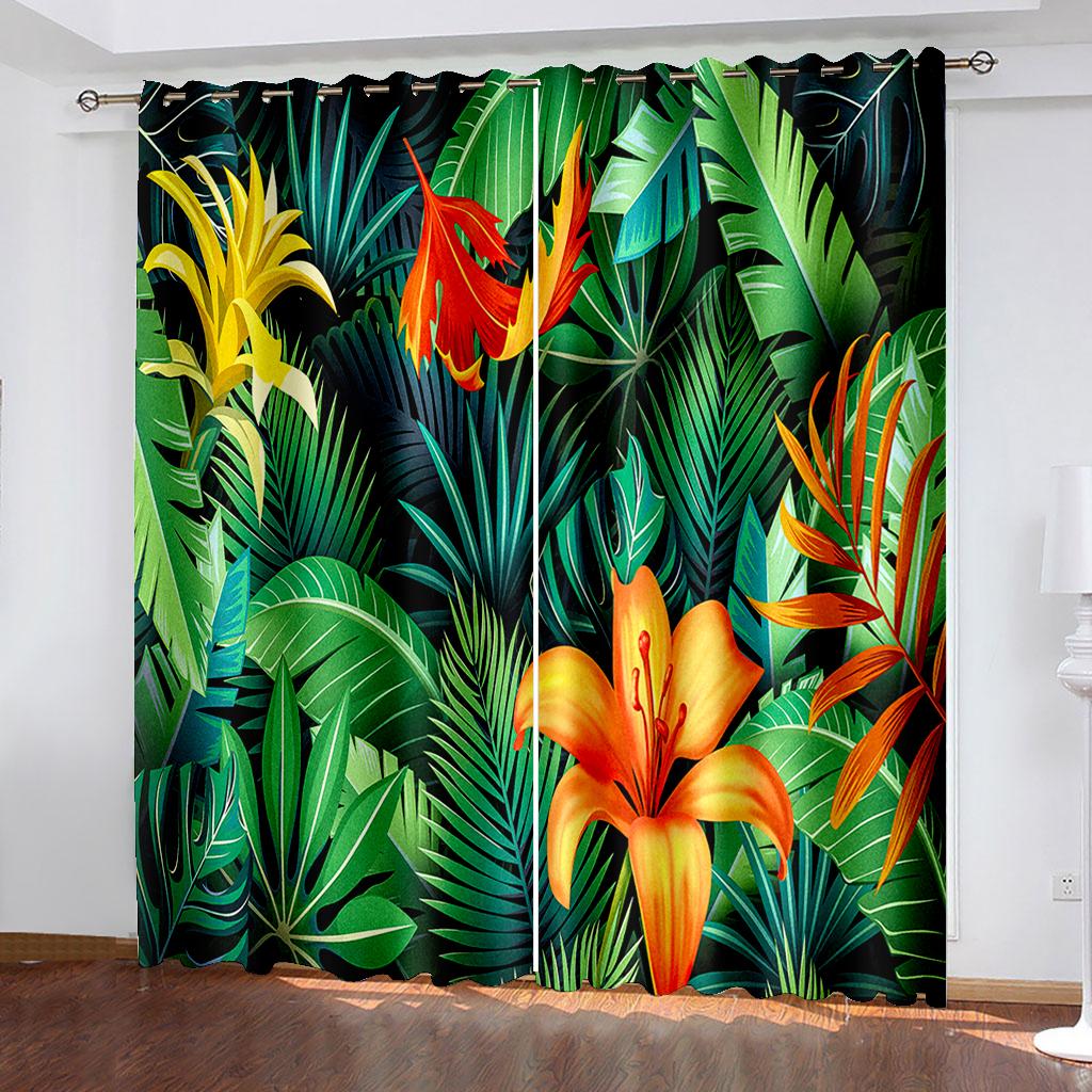Tropical Leaf Printing Woven Curtains Two Separate Curtains on The Left and Right of The Bedroom  Blackout Curtains