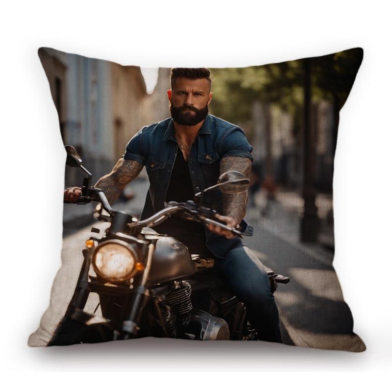 Handsome Sexy Muscle Man Motorcycle Chopper Bike Poster Art Home Decorative Sofa Pillow Case Cotton Linen Cushion Cover