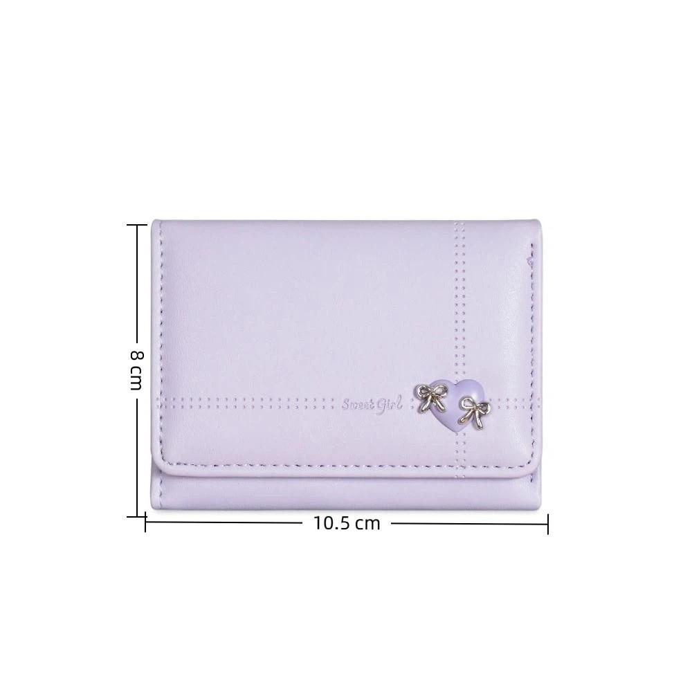 Heart-Shaped Bow Design Tri-fold Short Wallet Foldable Multiple Card Slots Money Bag Multipurpose PU Leather Credit Card Holder