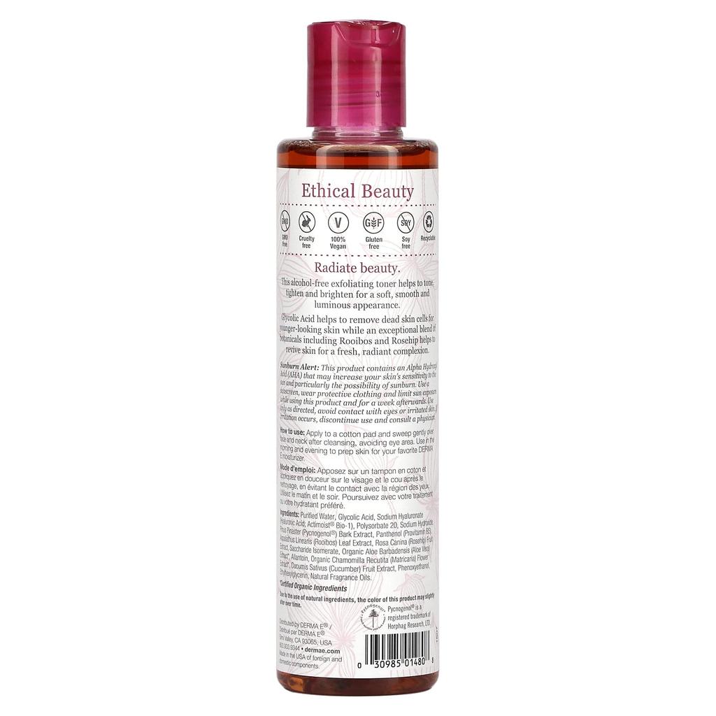 DERMA E, Essential, Strahlender Toner, Glykolsäure und Rooibos, 177 ml (175 ml)