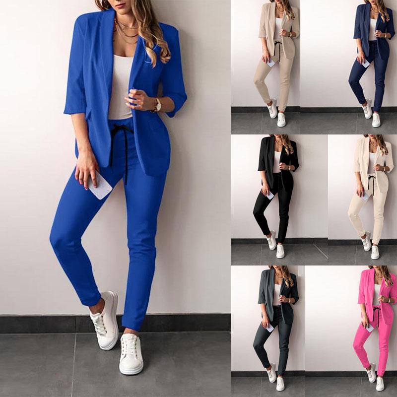 2ks Dámský jednobarevný komplet s dlouhým rukávem s blejzrem a kalhotami Formální sako Obleky