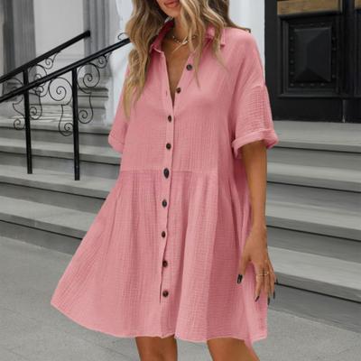 Rochie cămașă cu mânecă scurtă pentru femei, cu rever, decolteu în V, nasturi, croială lejeră, rochie de vară casual, fluidă, de plajă