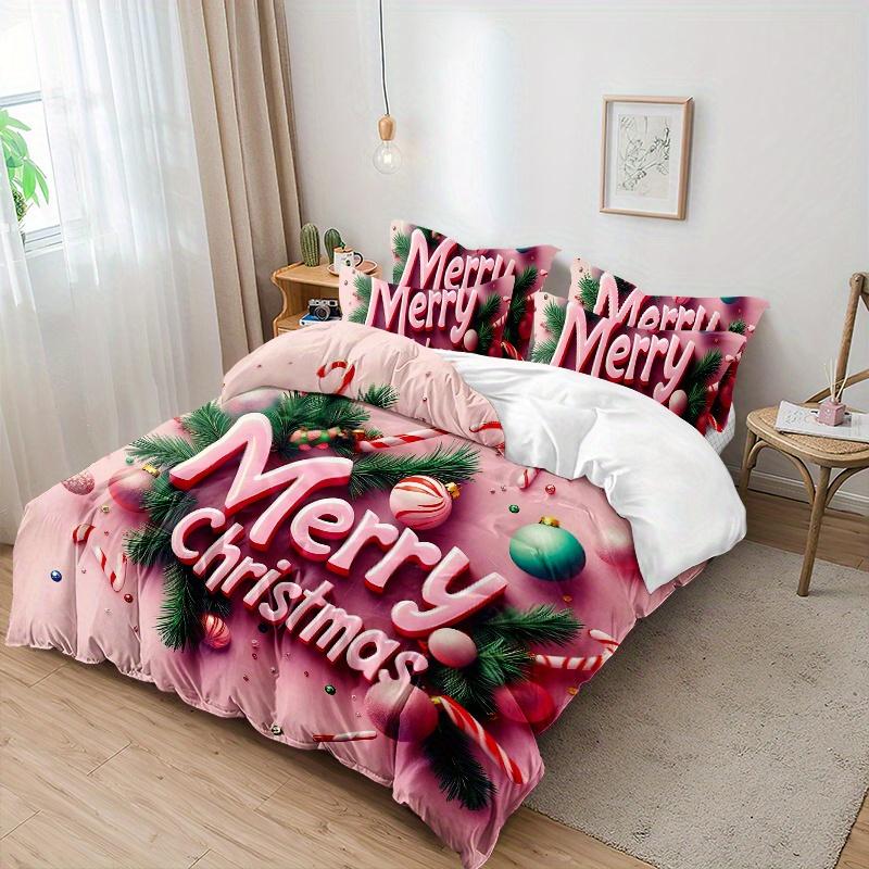 3pcs 3D Merry Christmas Theme Bedding Set, Pink Merry Christmas Alphabet Print Duvet Cover Set (1*Duvet Cover + 2*Pillowcases)