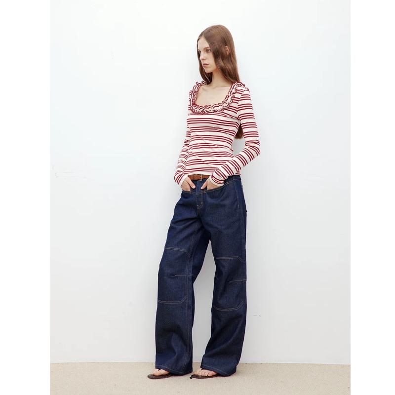 

Autumn Design Niche Lace U-neck Striped T-shirt Long-sleeved Knitted Top Slim Bottoming Shirt S