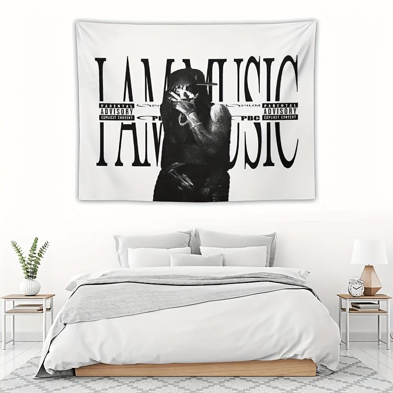 Vintage I AM MUSIC Black White Rap Portrait Retro Tapestry, Urban Wall Hanging for Bedroom Living Room Dorm