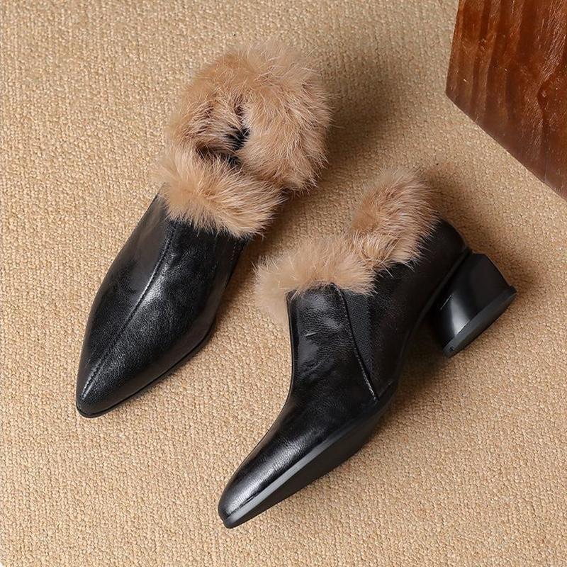 

Autumn Women s Plush Warm Ankle Boots Elegant Pointed Toe High Heels Elastic Band Slip-on Chelsea Boots Fashion Block Heel Shoes 35