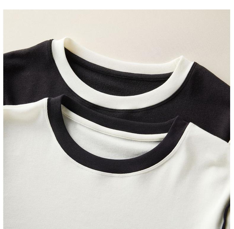 Women's Classic Black & White Color Block Crew Neck Long Sleeve T-Shirt - Spring Collection Wool Acetate Lyocell Base Layer