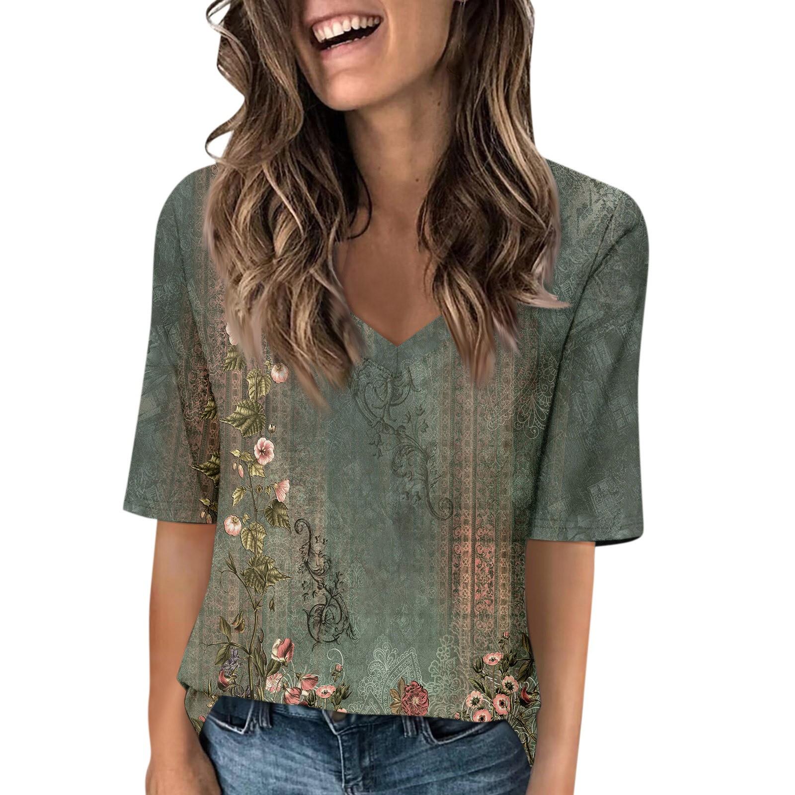 

Жіночі футболки з V-подібним вирізом, топи з принтом, повсякденні літні футболки, футболки, блузки XL зелений