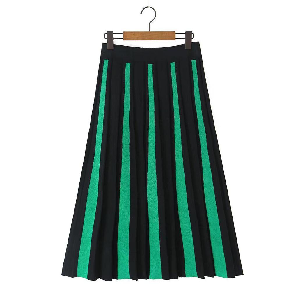 2025 Women's Knit Color Block Striped Pleated Half Skirt