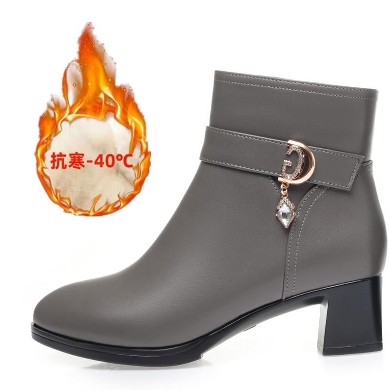 Mode Elegante Frau Block Hohe Absätze Schuhe Weiblicher Trend Winter Wolle Kurze Stiefel Weiches Leder Warme Fell Stiefeletten für Büro Mama