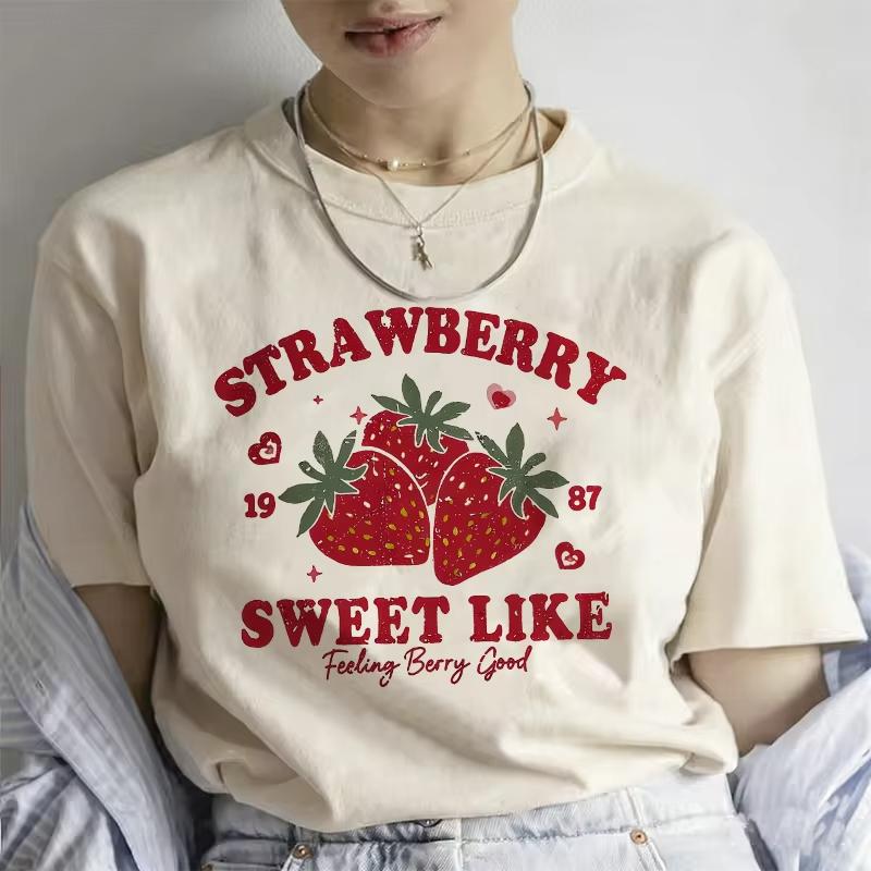 

Vintage Strawberry Graphic Ladys TShirtCute Fruit Print Casual Crew Neck Short Sleeve Top for Women Spring Summer Daily Wear 4XL