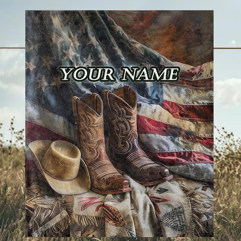 1PC Custom Name Rustic Boots Flag Outdooor Flannel Blankets Patterns Throw Blanket All-Season Soft Gift for Couch, Bed, Camping Gifts