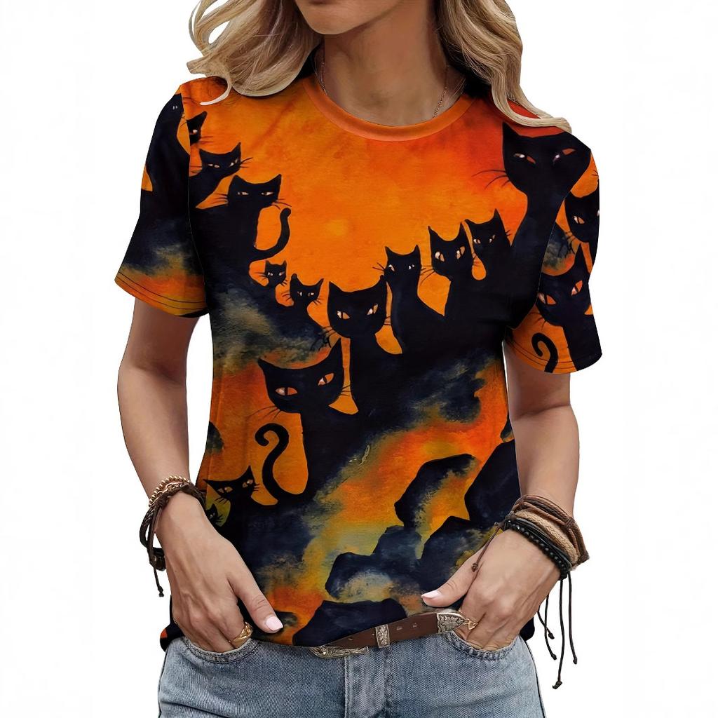 Summer Round Neck 3D Halloween Print Top Fashionable Casual Short Sleeved Women's T-shirts