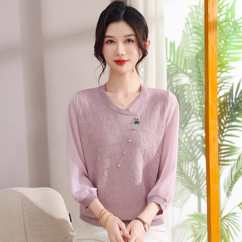 

Elegant Knit Cardigan for Middle-Aged Women - Stylish Gauze Sleeve Blouse for Spring & Autumn XL (fits 100-110 jin) світло-фіолетового кольору
