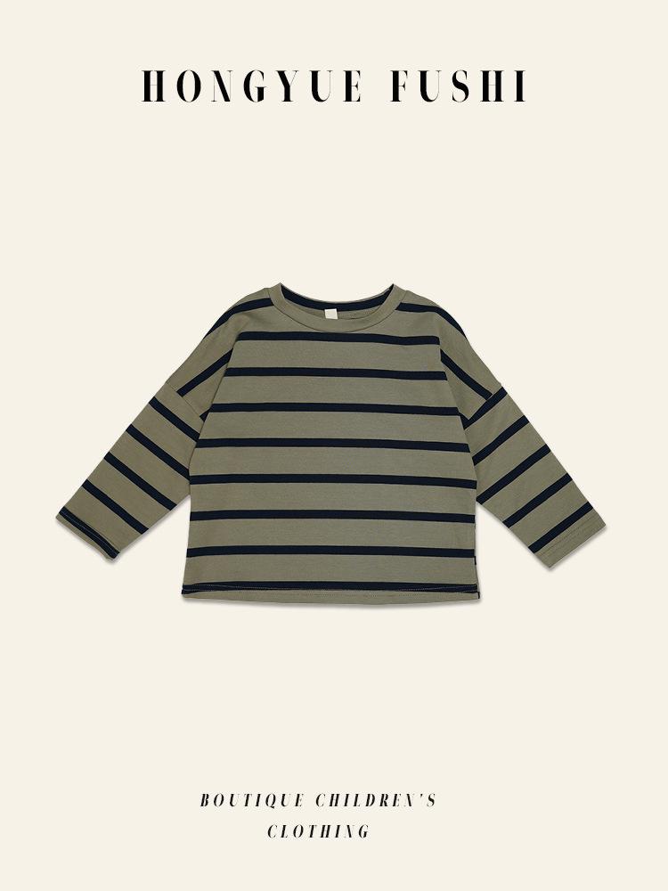 T-shirt a righe in cotone unisex per bambini coreani - Casual Primavera/Autunno Girocollo