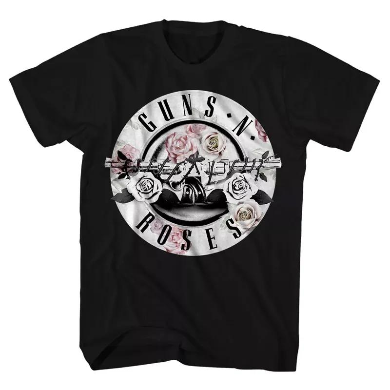 Pistol Rose Pattern Guns N 'Roses Rock Guns and Roses Band Casual T-Shirt Men's and Women's Luxury Band Brand