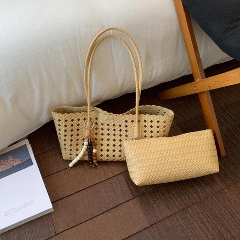 Foldable Women Hollow Woven Tote Bag Large Capacity Casual Shoulder Handbag for Travel Beach Grocery Shopping