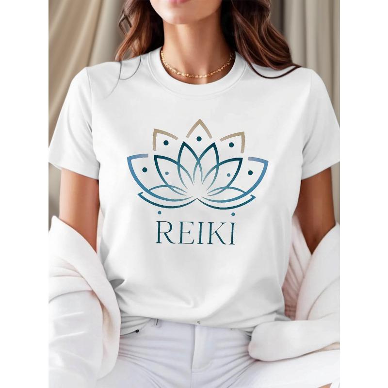 

Женская минималистичная футболка Reiki с тематикой Лотоса - Сине-Золотая Линия Графика Повседневная с коротким рукавом, Элегантный минималистичный топ для оздоровления на каждый день S белый