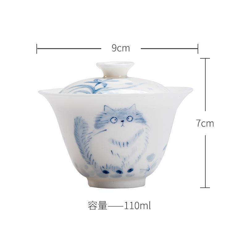 

Underglaze hand-painted blue and white healing cat white porcelain tea bowl for women with thin body and non-hot touch