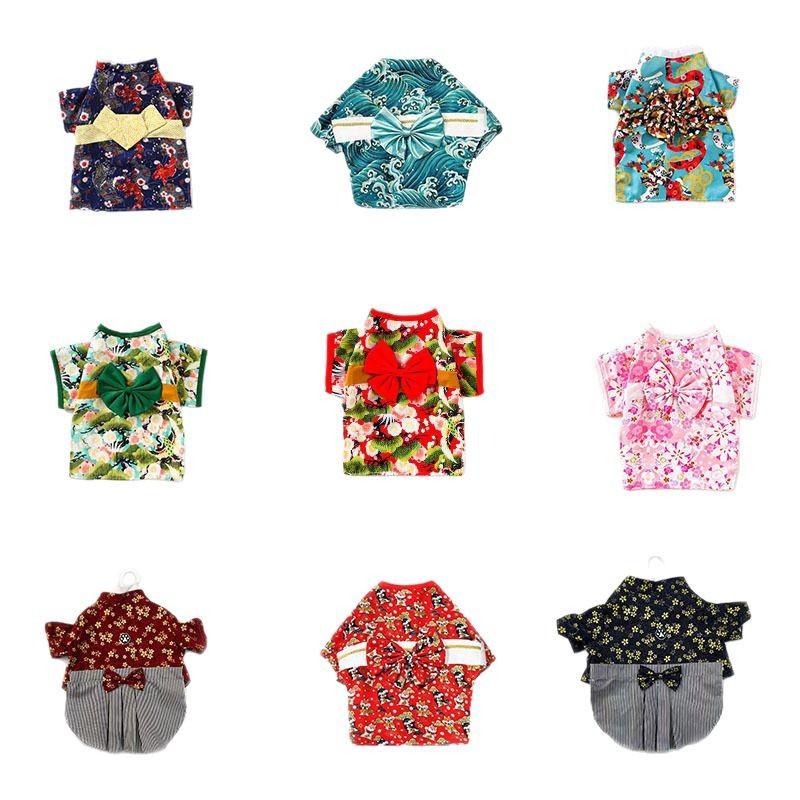 Japanese Kimono Dog Cat Clothes Fall Winter, Warm Fleece Shiba Inu Corgi Coat, Traditional Floral Print Pet Costume