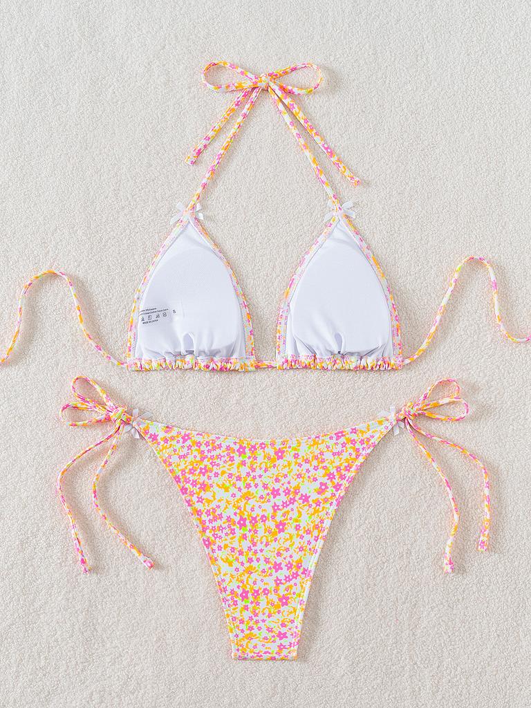 Damski strój kąpielowy z kwiecistą kokardką seksowna trójkątna torba wiązanie po bokach bikini z niską talią kostiumy kąpielowe kostiumy kąpielowe