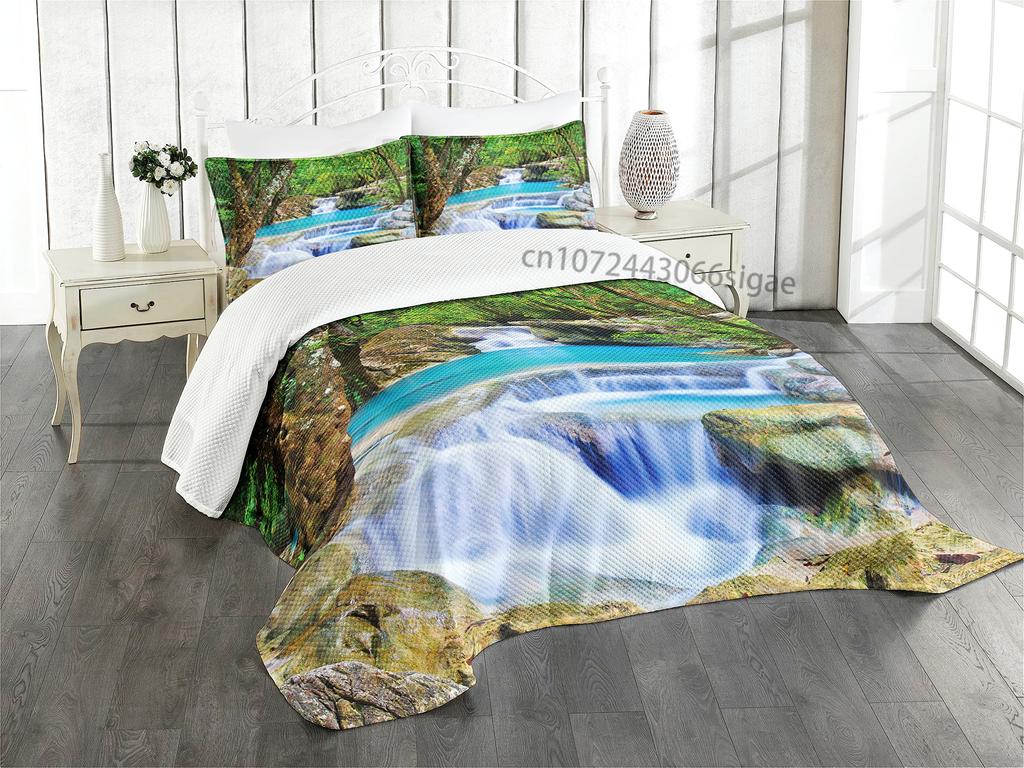 Set Copripiumino Natura, Cascata Scrosciante Decorativo Set Biancheria da Letto a 3 Pezzi con 2 Federe, Misura Queen Full, Verde Felce Blu
