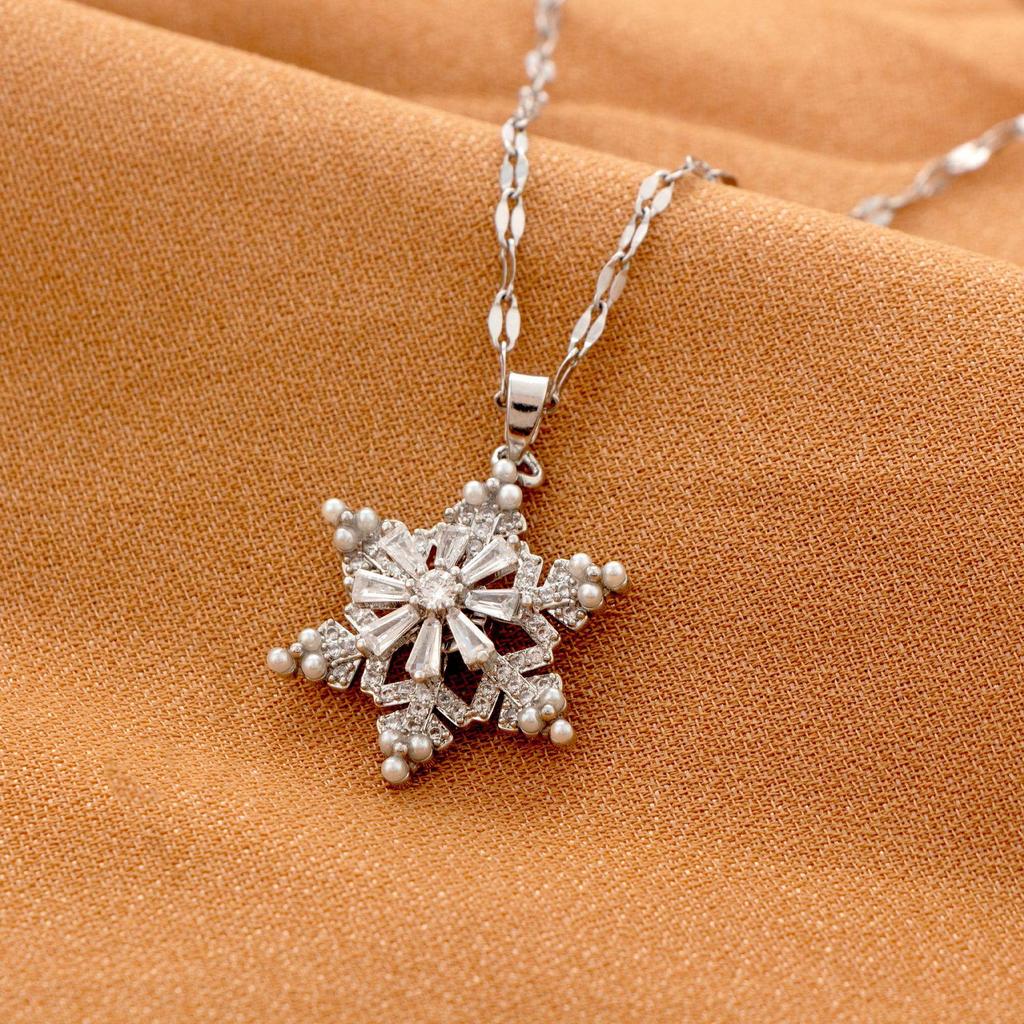 Edelstahl Schneeflocken Anhänger Halskette mit synthetischem Zirkonia, Drehbar Damen Schmuckset