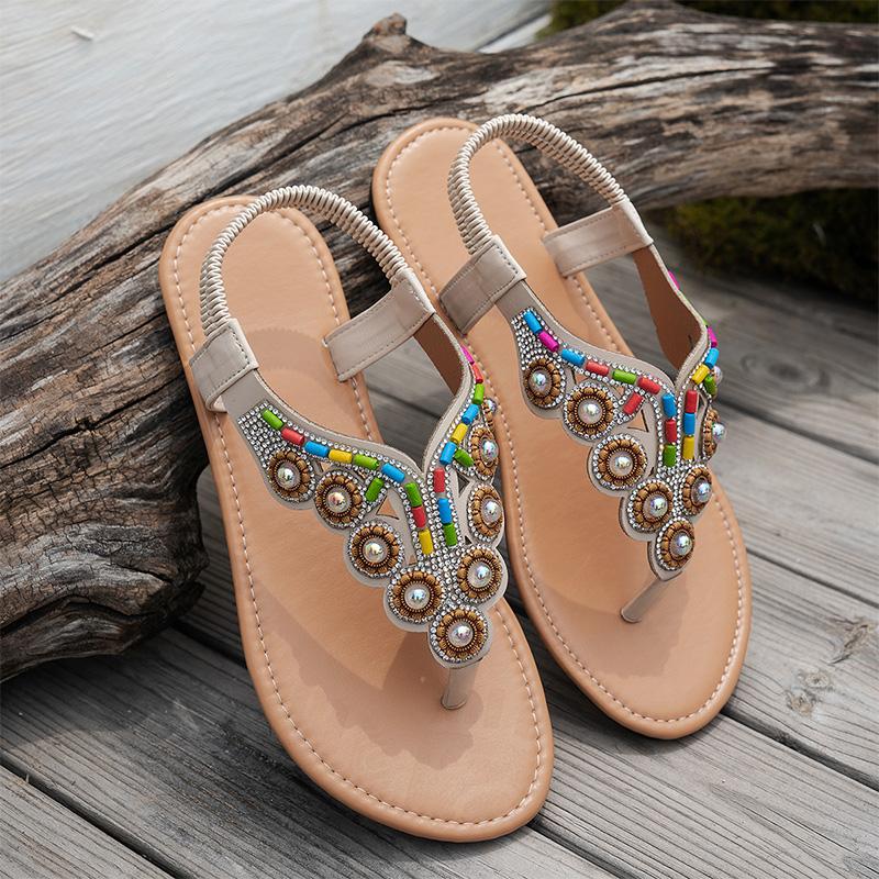 Fashion Bohemian Style Flat Sandals for Women Large Pearl Shiny Crystal Decor Clip Toe Slippers Summer Plus Size Comfort Light Sandals