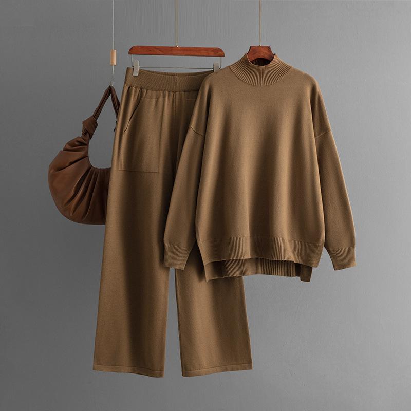 

Solid color knitted semi-turtleneck slit sweater set women s autumn and winter new large size casual knitted sweater two-piece set One size