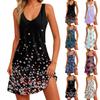 Vestido de Verão Boho Casual de Praia Blusas Florais Gola V Camiseta Solta Vestido com Bolsos