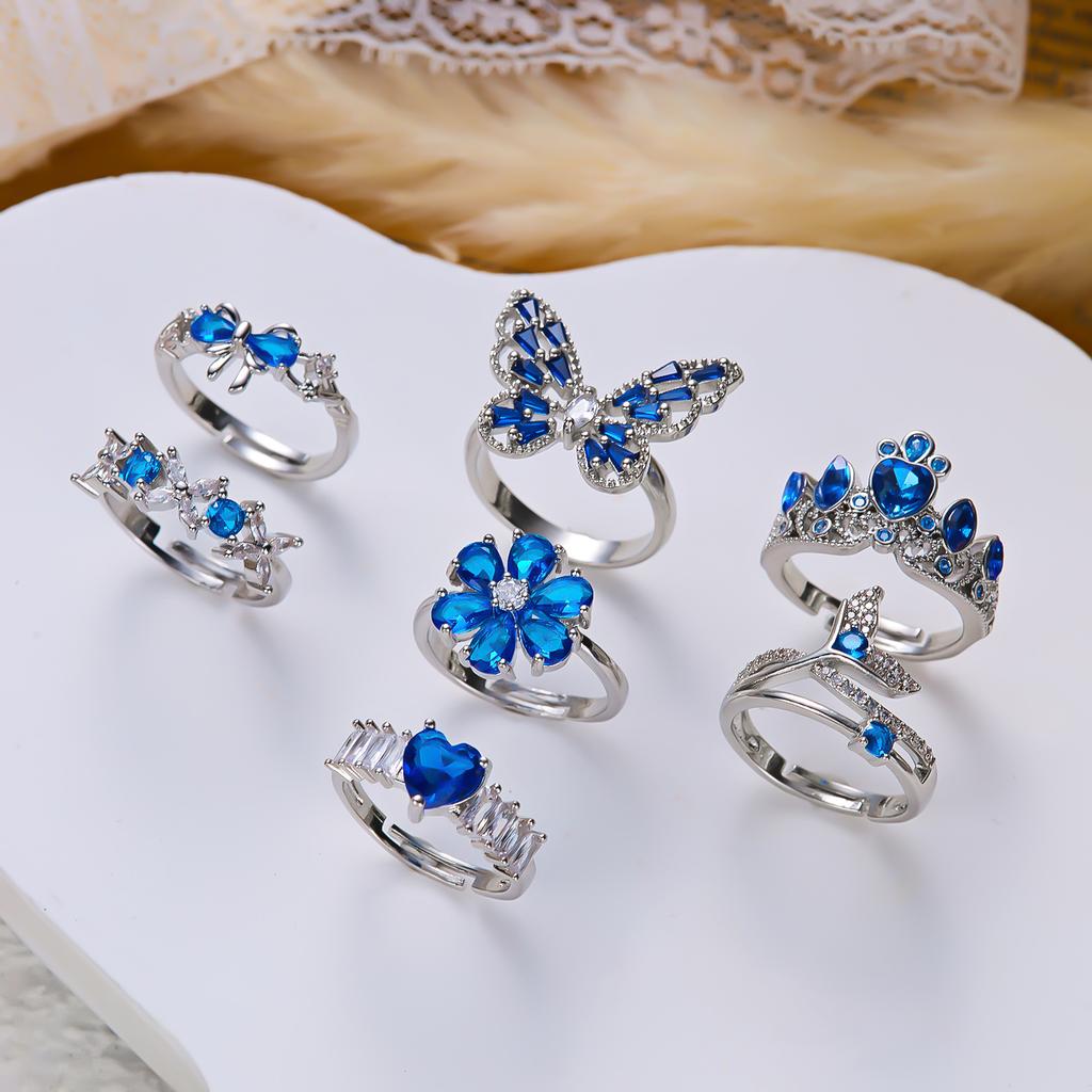 Luxury Blue Zirconia Hollow Butterfly Ring for Women Rhinestones Heart Flower Bow Crown Finger Ring Charms Engagement Jewelry