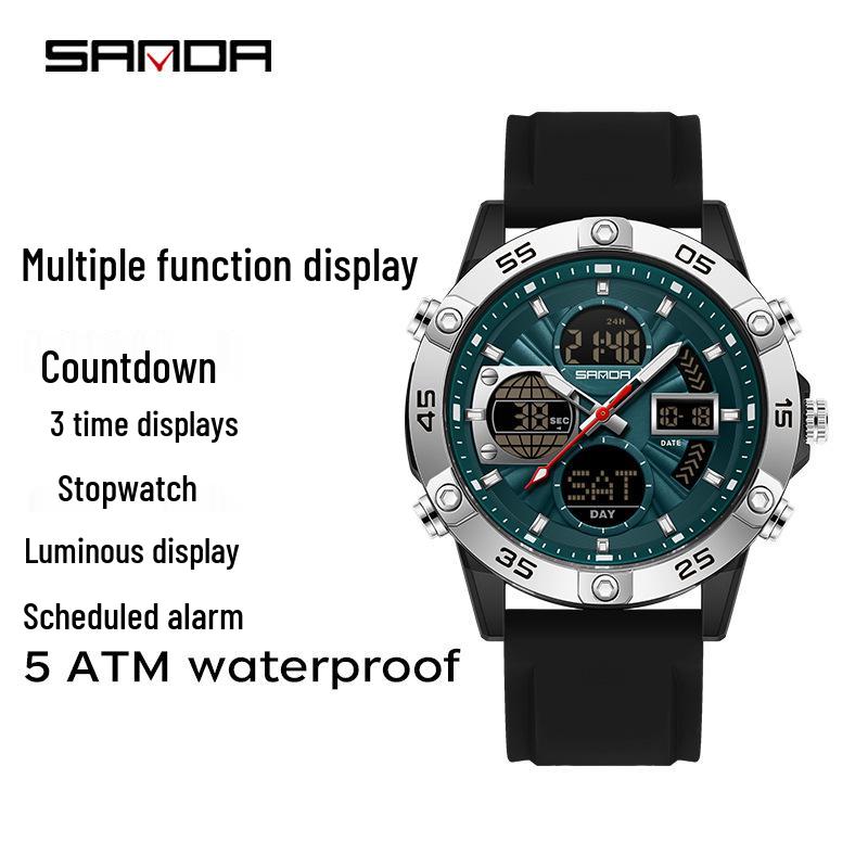 SANDA 3D Multifunction Sports Watch – 3 Time Zones, Waterproof, Student Wristwatch