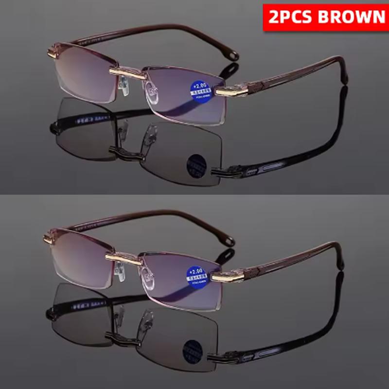 2PCS Men Rimless Square Gray Lens Reading Glasses Women Anti-blue Light Presbyopic Computer Eyeglasses Far Sight +1.0+1.5To+4.0