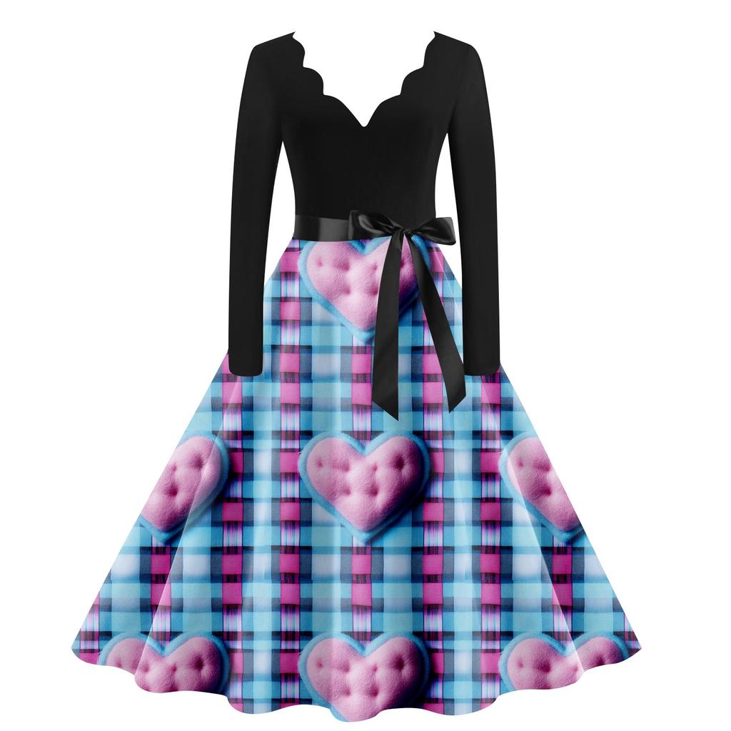 Women's Casual Fashion V Neck Long Sleeve Cute Printed Vintage Long Dress