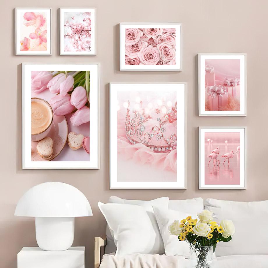 Pink Rose Orchid Sakura Crown Flower Canvas Painting Nordic Posters And Prints Wall Art Pictures For Living Room Home Decor