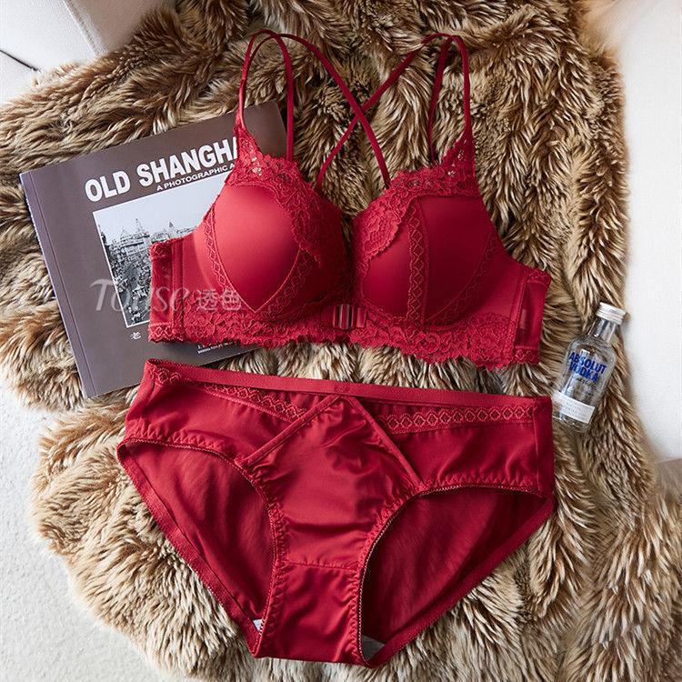 Front buckle small chest gathering women's underwear set new anti-sagging breast sexy leopard print back bra