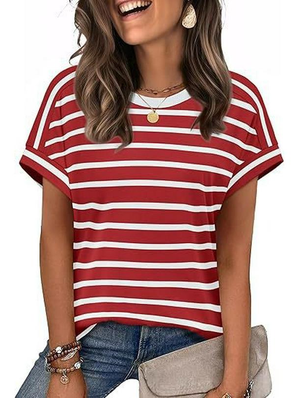 New Arrival Women's Round Neck Striped Color Block Casual Short Sleeve T-shirt