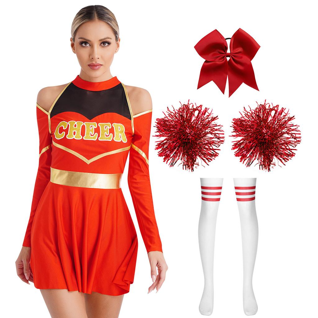 Complete Cheerleading Halloween & Performance Outfit for Women S-XXL: Cutout Dress with Accessories (Bow, Socks, Flowers)