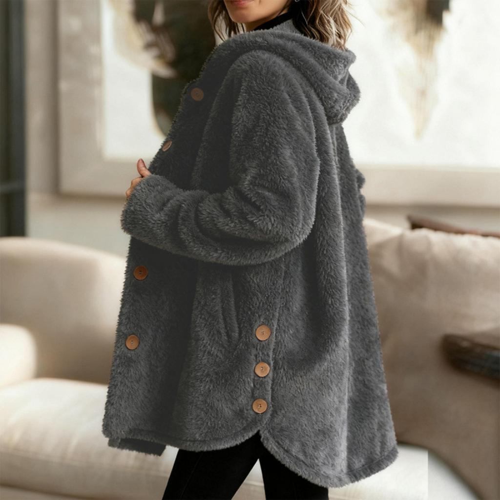 Women's Fashion Fuzzy Color Button Pocket Hooded Long Sleeve Loose Warm Jacket