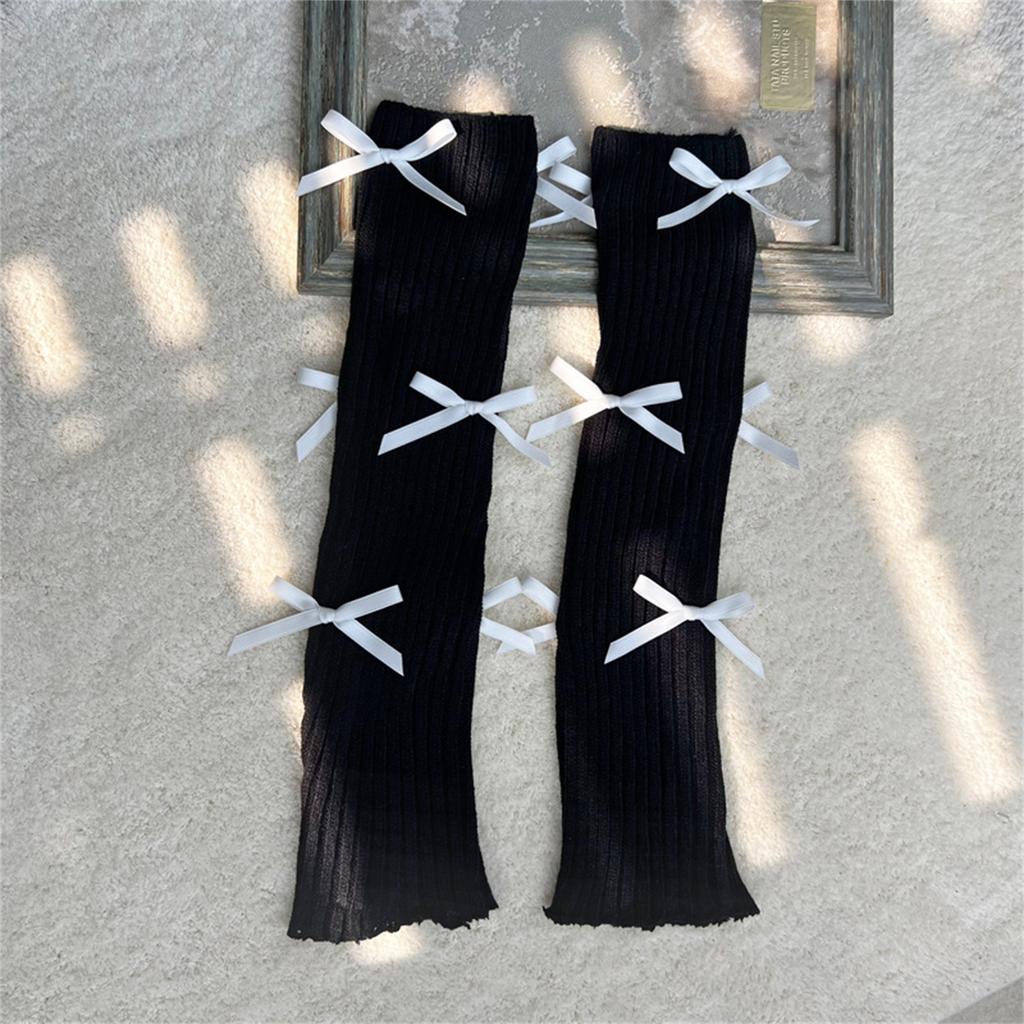 Japanese Ballet Style JK Girl Women Ribbed Knit Leg Warmer Sweet Small Bow Lettuce Hem Boot Cuffs Leg Cover Long Socks