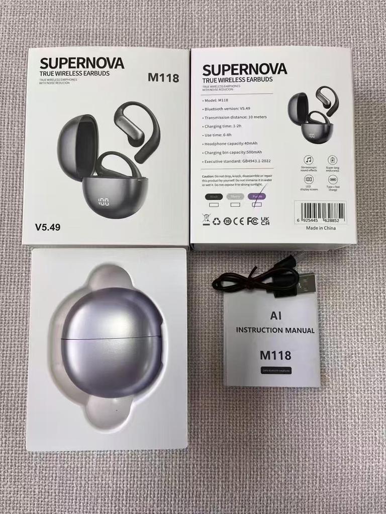 M118 Smart AI Translation Bluetooth Earphones with High-Quality Sound, Long Battery Life, Power Display & Ear Hook Design