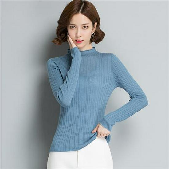 Damski cienki wełniany sweter - Wiosna/Jesień 2022, dzianinowy top z długim rękawem i półwysokim kołnierzem