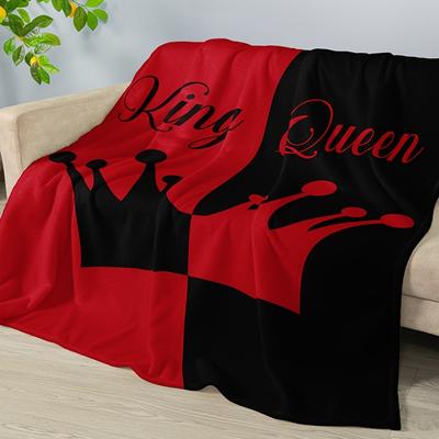 King Queen Crown Design Flannel Blanket , Black Red Contemporary Style High Weight , All-Season Cozy Throw for Couples