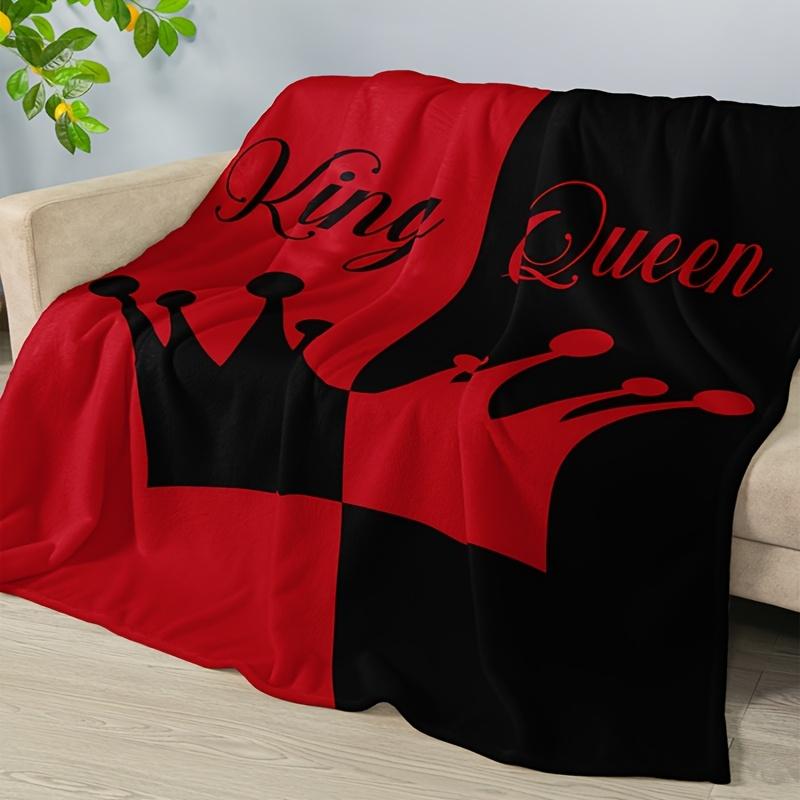 

King Queen Crown Design Flannel Blanket, Black Red Contemporary Style High Weight, All-Season Cozy Throw for Couples 150x200cm