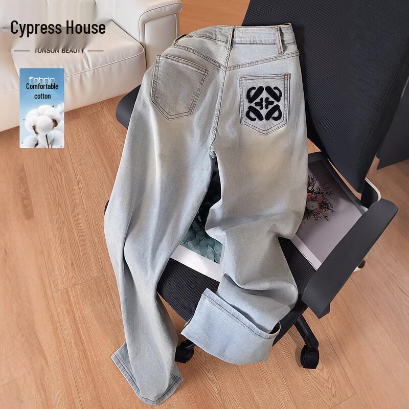 

Women s High-Waist Letter Embroidery Washed Wide-Leg Jeans S