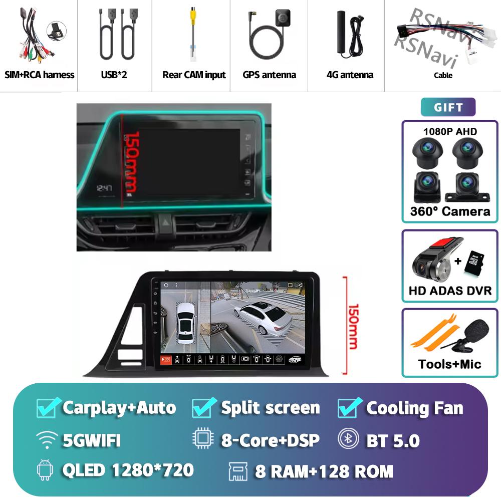 Android 14 Carplay Auto For Toyota C-HR 2016 - 2020 Car Radio Player Multimedia Stereo 360 Camera Navigation Video AI Voice GPS